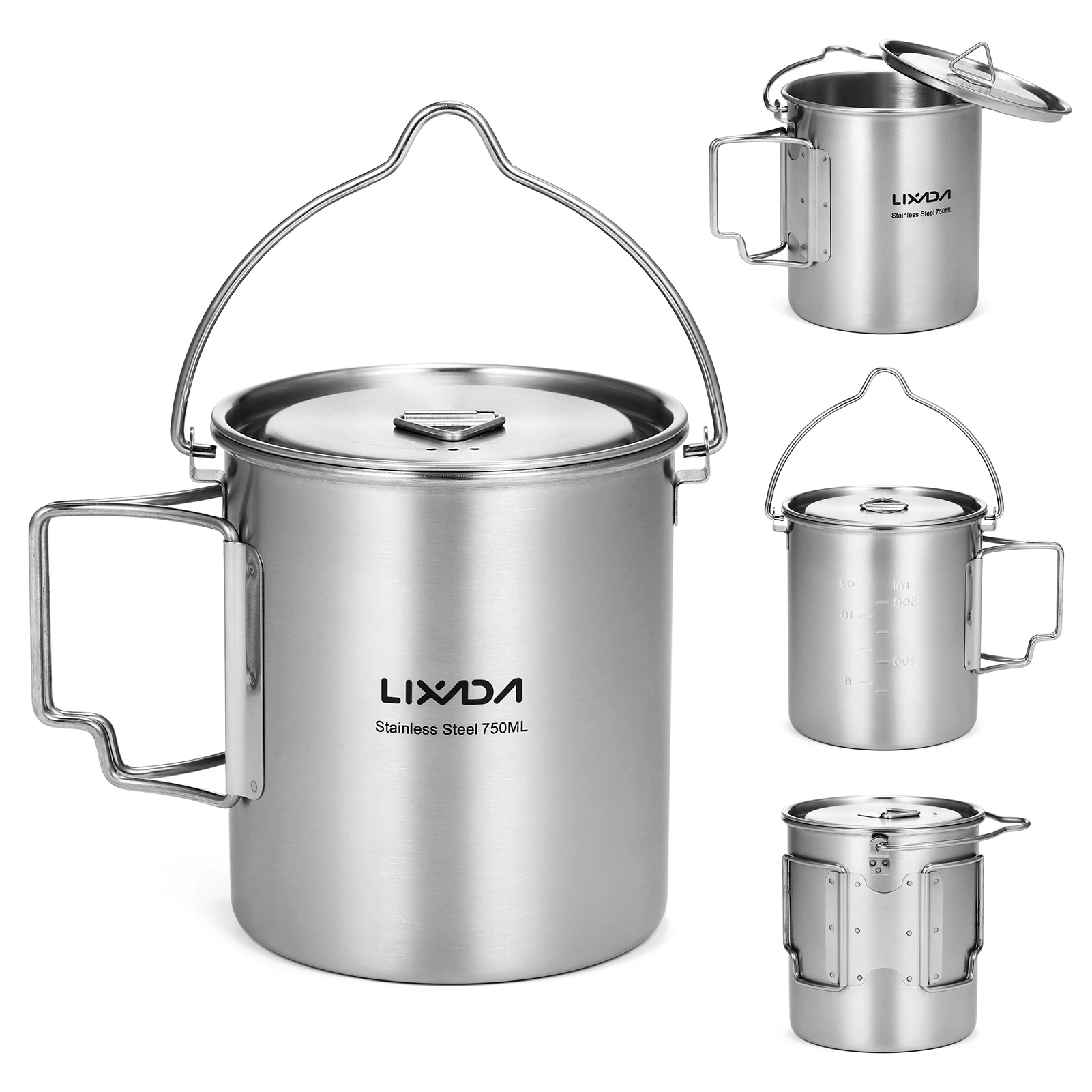 Lixada 750ml Stainless Steel Pot with Lid Hanging Portable Foldable Handle Water Cup for Outdoor Camping Cooking Hiking Picnic