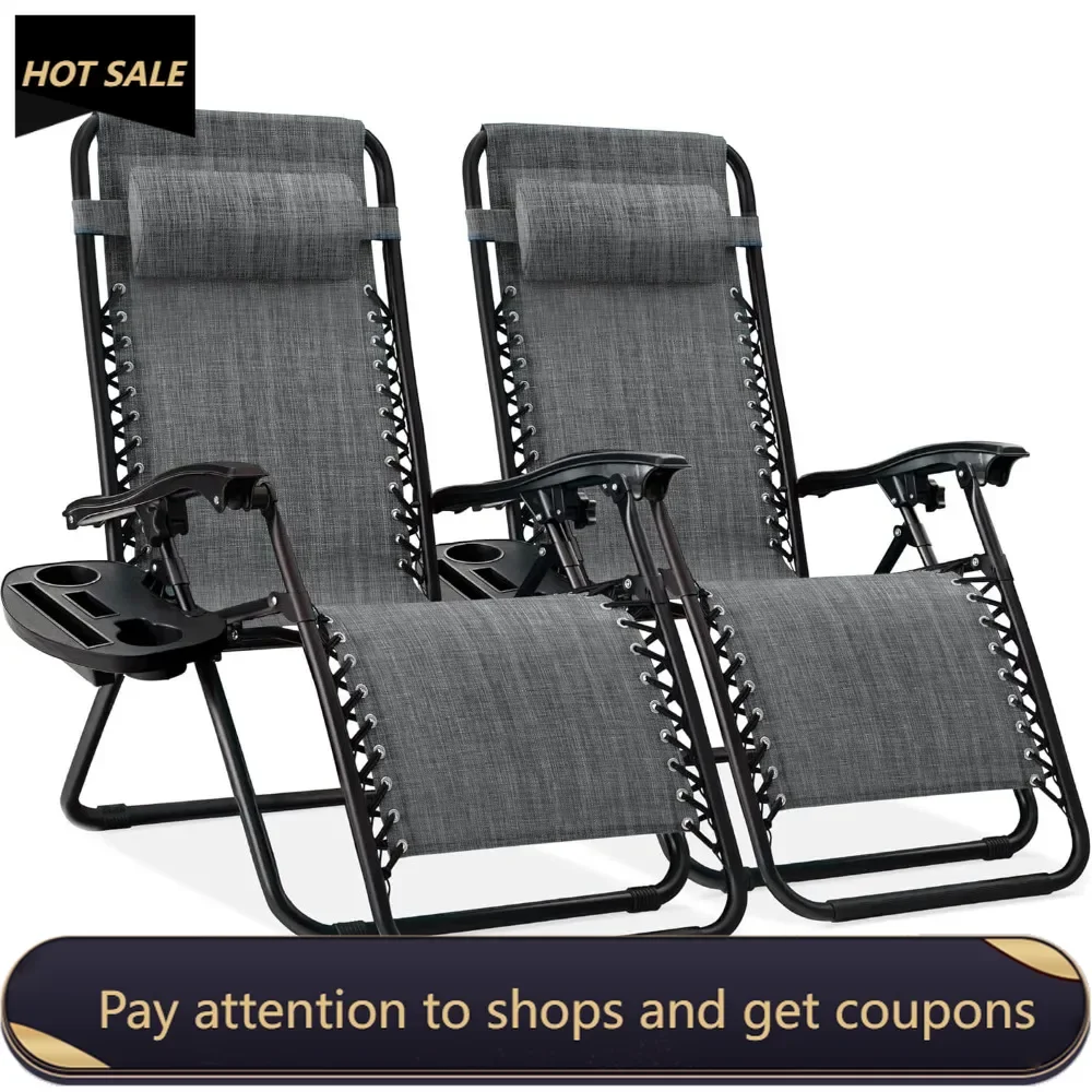 Set of 2 Adjustable Steel Mesh Zero Gravity Lounge Chair Recliners w/Pillows and Cup Holder Trays, Gray Freight free