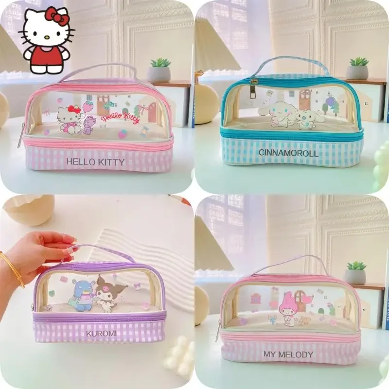 Anime HelloKittys Pvc Transparent Pencil Case Kawaii My Melody Kuromi Cartoon Coin Purse Handbag Girls Cosmetic Storage Bag