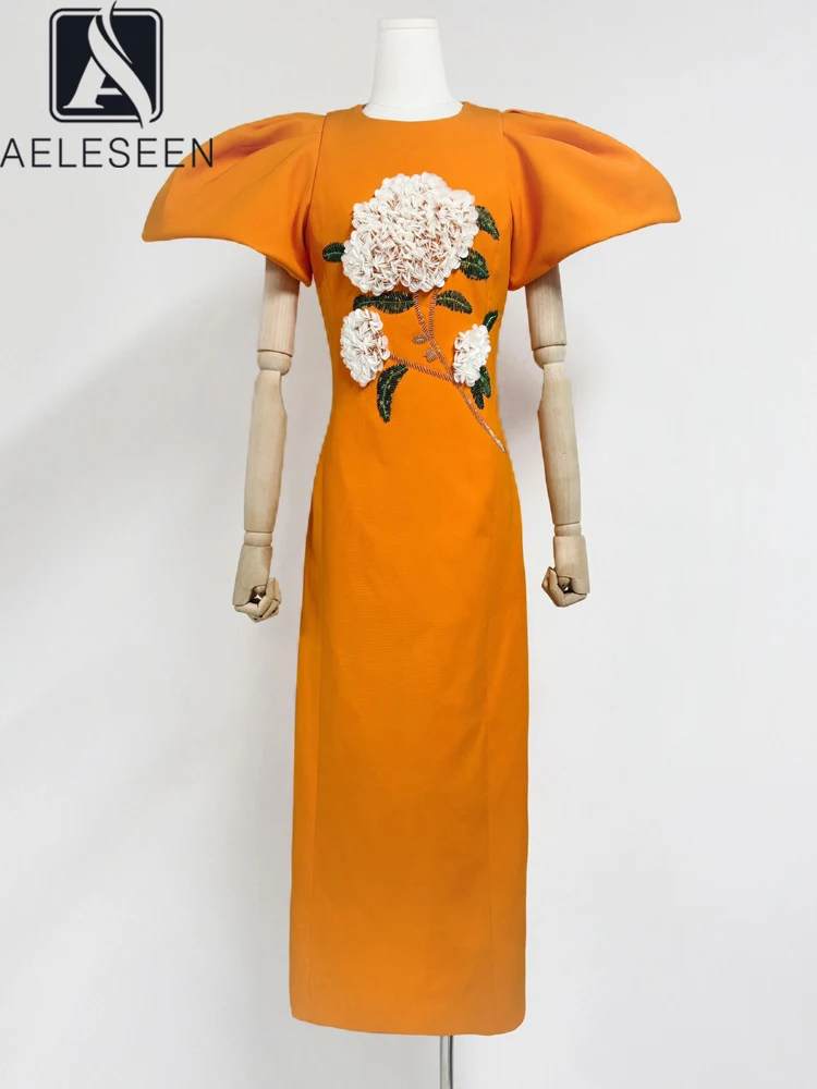 

AELESEEN Flower Embroidery Sequins Appliques Design Dress Women's Short-Sleeved High Waist Elegant A-Line Basic Dresses