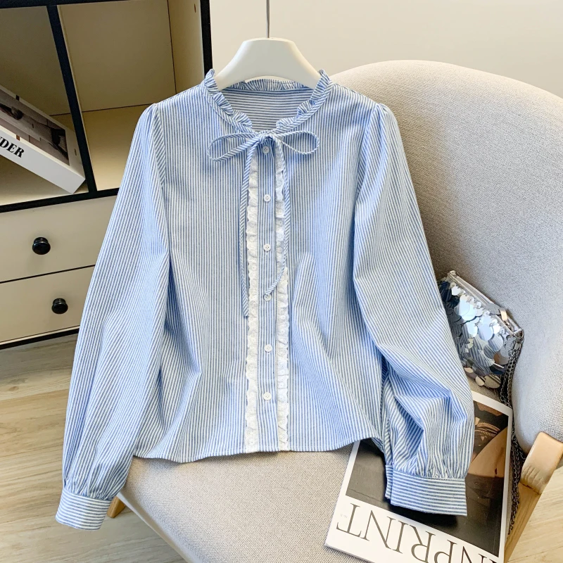 

Casual Womens Long Sleeve Blouse Tops Ruffled Neck Shirts Spring Autumn Lightweight Loose Blouses Single-breasted Striped Shirts