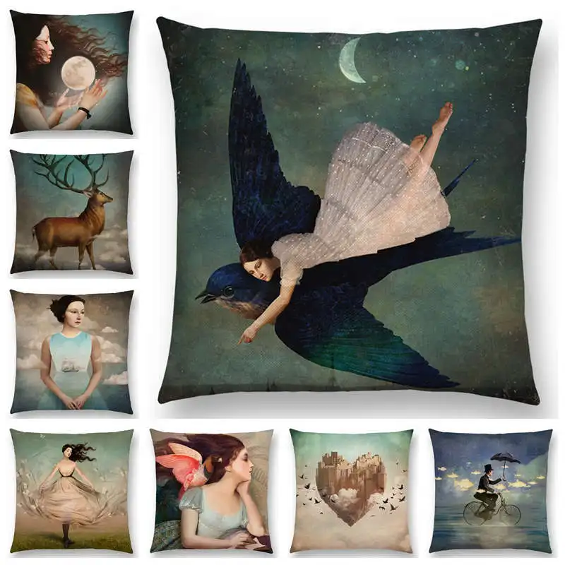 

Hot Sale Elegant Lady Lovely Girls Magic Flowers Fantasy Painting Heart Free Wish Sea Sky Cushion Home Decor Sofa Throw Pillow