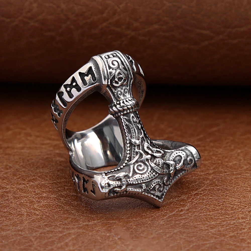 Classic Vintage Viking Thors Hammer Ring For Men Stainless Steel Nordic Odin Rune Rings Fashion Amulet Jewelry Gift Dropshipping