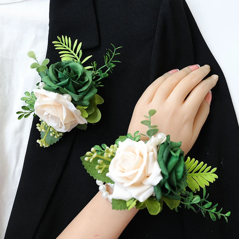 

25037 Green Bohemian Rose Flower Boutonniere and Wrist Corsage Perfect for Brides Groomsmen and Wedding Decorations