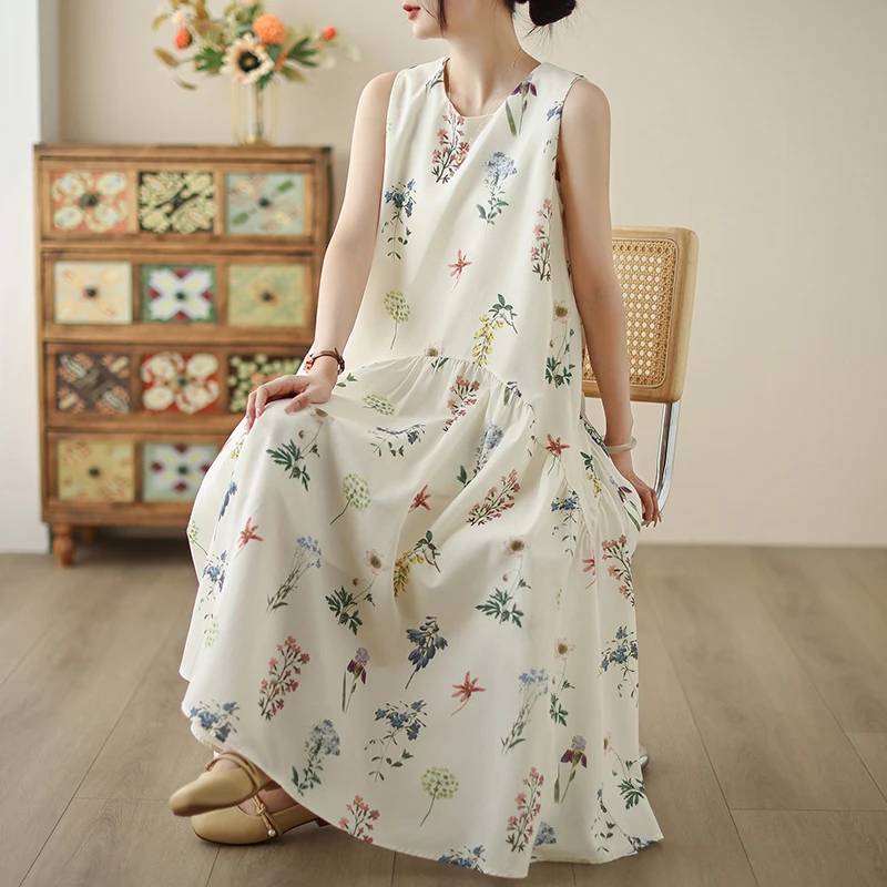 Verano Chic moda estampado chaleco suelto vestido largo de mujer Boho Casual playa