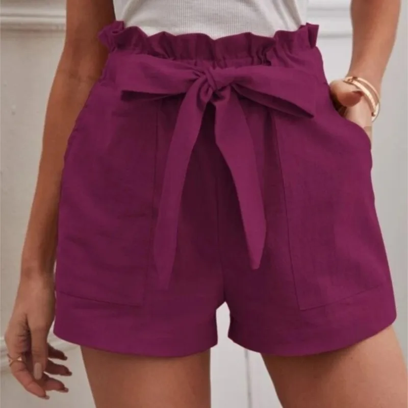 2025 New Summer Women's Loose Linen Casual Shorts Pockets Solid Large High Waist Wide Leg Trousers Fashion Lace-up Female Cloth