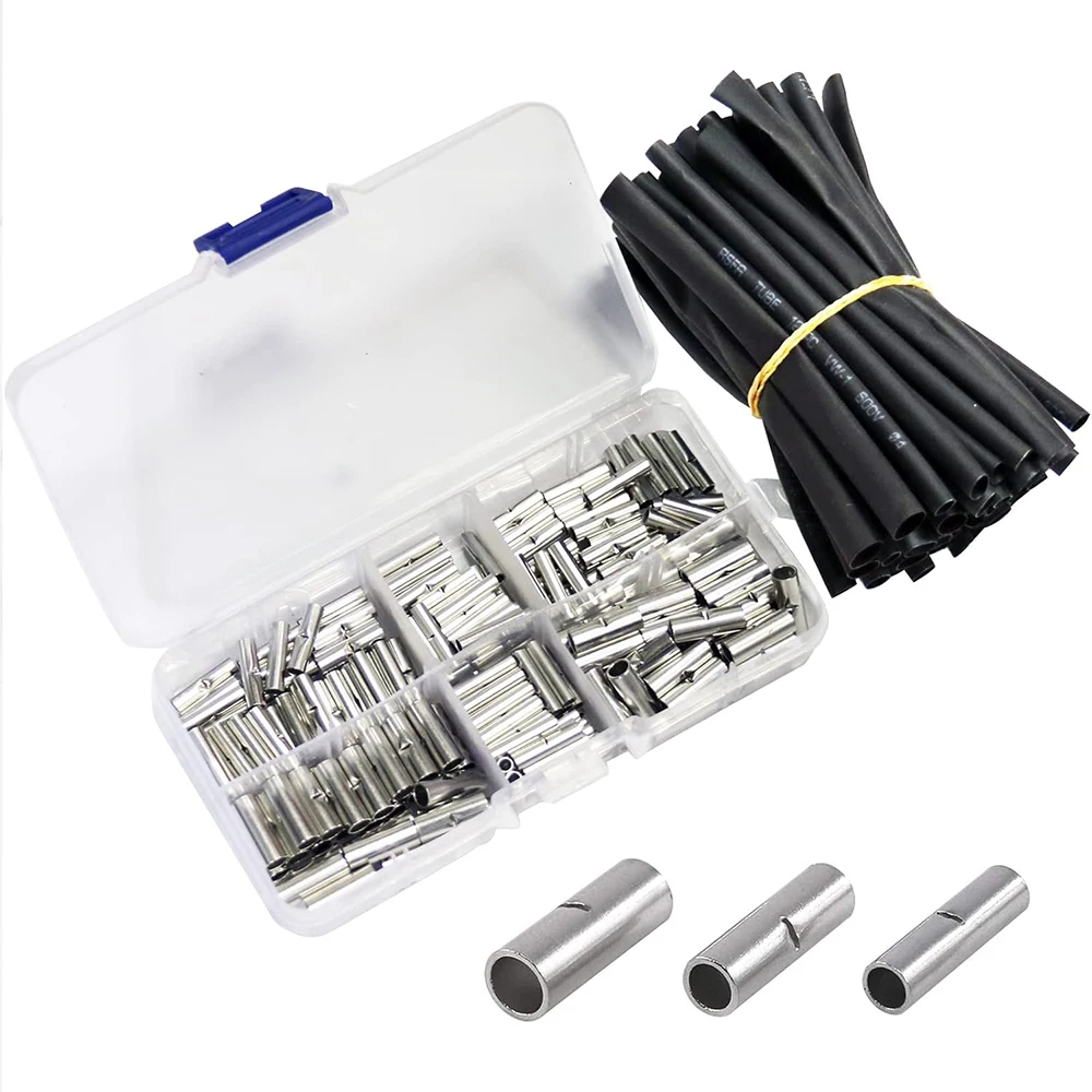 200 pieces of non insulated mating connector kit, size 22-10, with wire crimping sleeve terminals and 45 heat shrink tubing