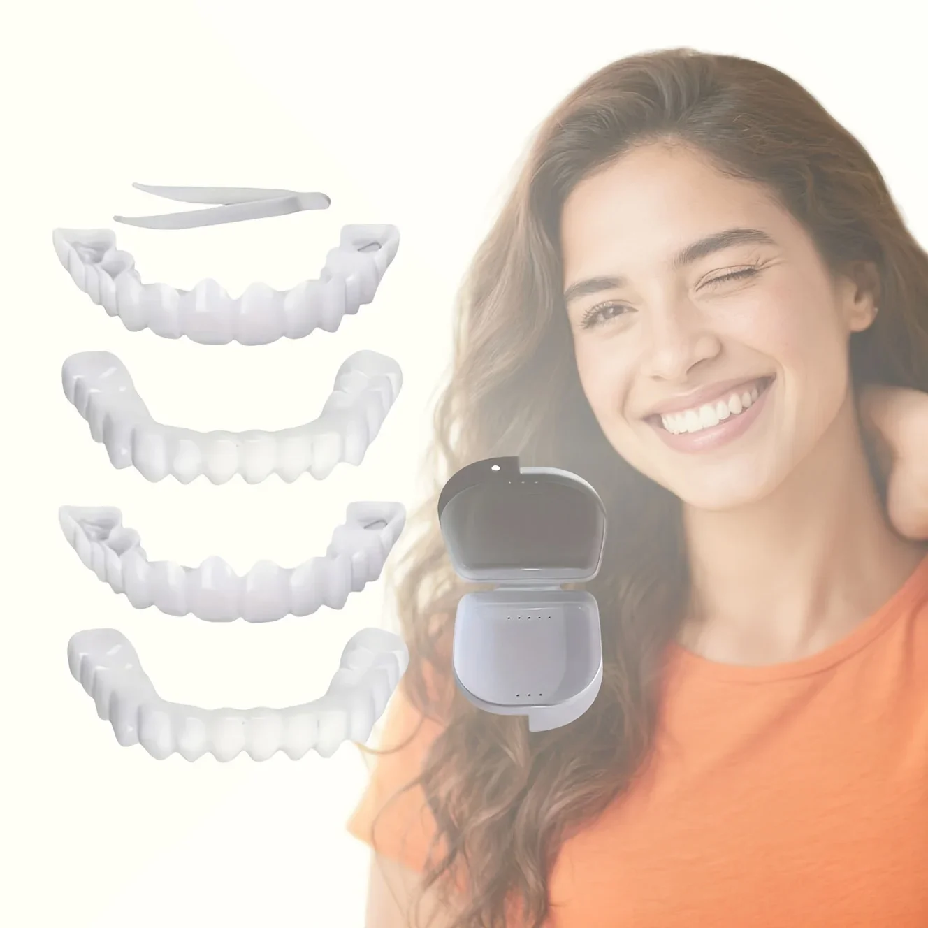 

Набор регулируемых белых зубных протезов E-6pcs (2 верхних + 2 нижних + футляр + пинцет), естественная посадка, для мужчин и женщин, всесезонное использование, размер S