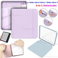 Funda 2 en 1 Desmontable para Kobo Libra Colour/Libra 2 de 7 Pulgadas, Parte Trasera de Acrílico Transparente, Funda de Cuero PU con Función de Activación/Suspensión, Accesorios para Ebook