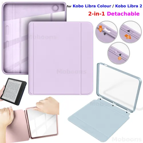 Imagen 1 del producto Funda 2 en 1 Desmontable para Kobo Libra Colour/Libra 2 de 7 Pulgadas, Parte Trasera de Acrílico Transparente, Funda de Cuero PU con Función de Activación/Suspensión, Accesorios para Ebook