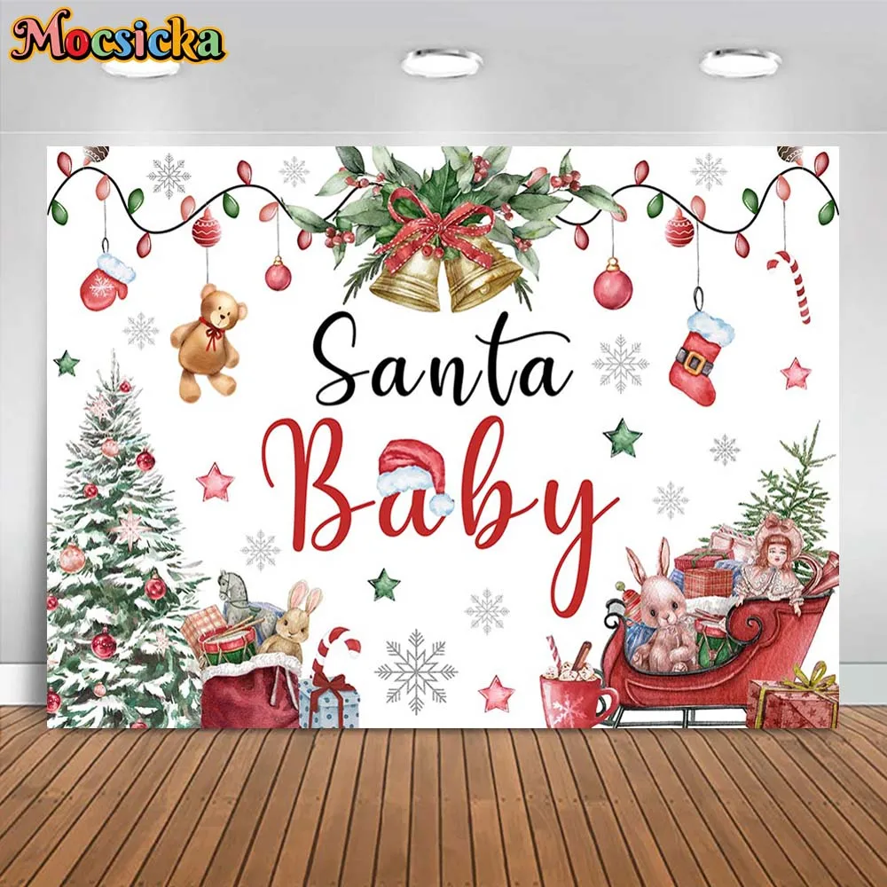 Mocsicka Santa Baby Christmas Newborn Photography Background Xmas Tree Gift Box Bells Family Portrait Photo Background Wallpaper