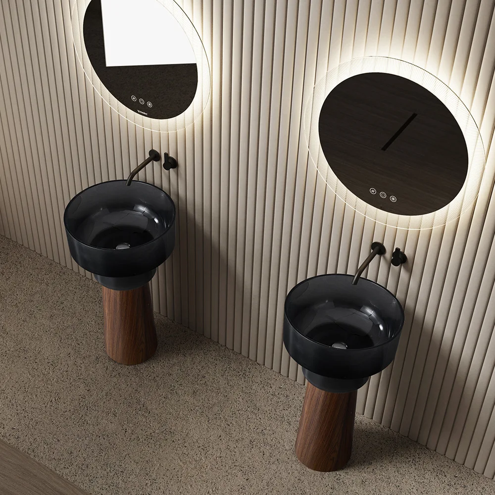 Modern simple transparent column basin villa bathroom washbasin hotel stainless steel wood grain column washbasin