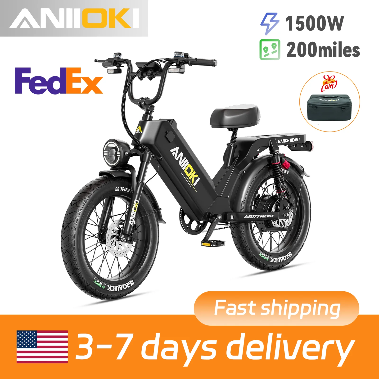 

ANIIOKI Electric Bike 1500W Peak Motor 48V 60Ah Battery e bike 31mph Long Battery Life 20"*4" Fat Tires Adults Electric Bicycle