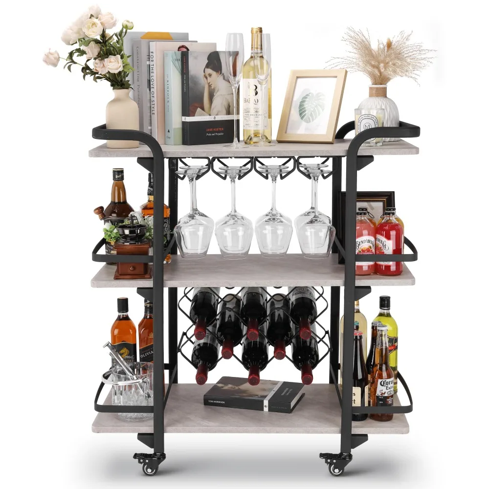 2024 New  Cart 3 Shelves with 8 Wine Racks & 4 Rows of Glass Holders, Light Grey Shelves & Double Curved Black Metal