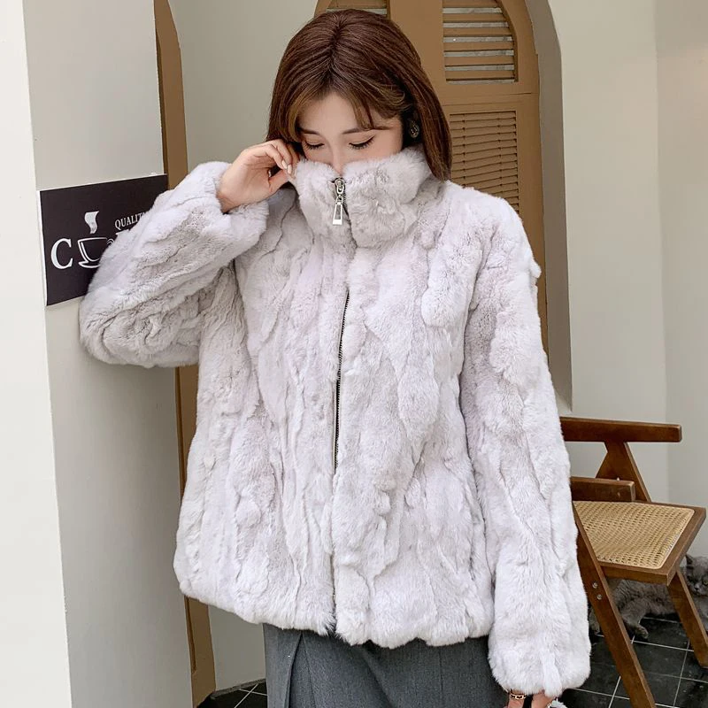 Manteau de Luxe en Fourrure de Lapin Rex pour Femme, Veste d'Hiver Chaude, Style Moyen Long