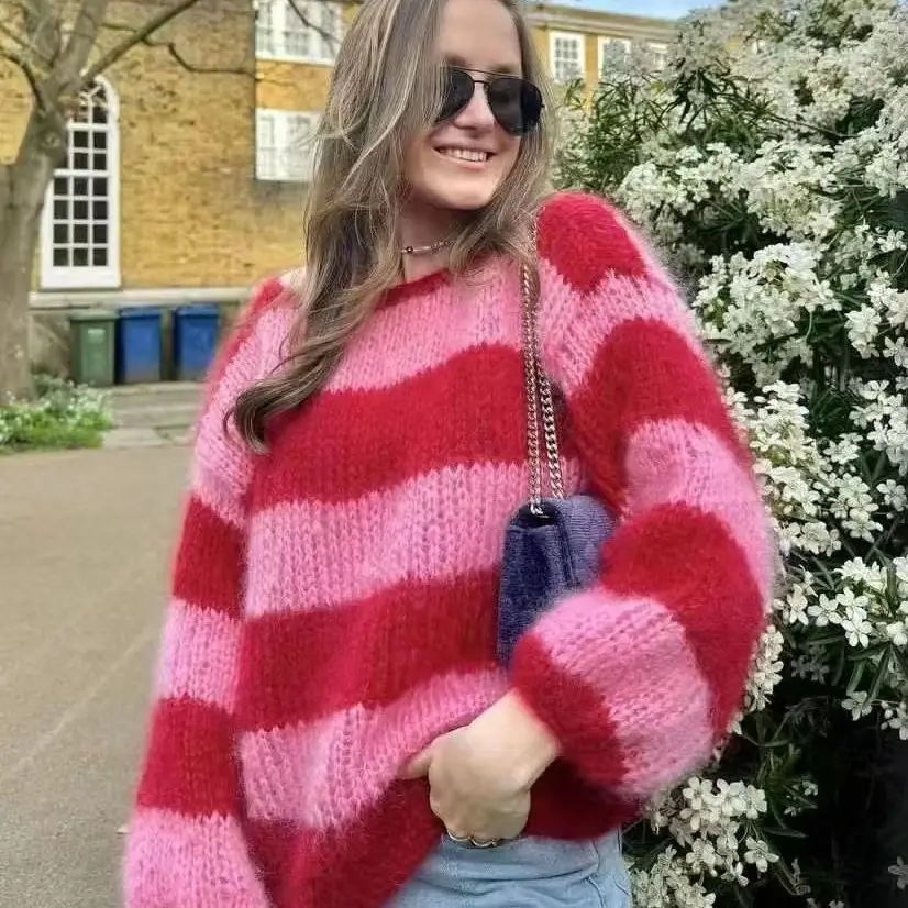 New handmade loose casual red striped pullover clothes, mohair sweater, soft women's thick stick knit sweater, one line collar