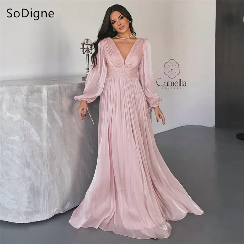 

SoDigne Розовые нежные и мягкие вечерние платья с глубоким v-образным вырезом и длинными рукавами, плиссированные платья для выпускного вечера длиной до пола, 2025 г., по индивидуальному заказу