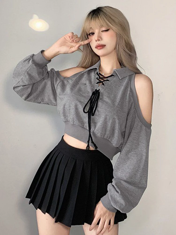 Zoki Sexy Cropped Women Y2K Sweatshirt Streetwear Off Shoulder Gothic Tops Autumn Korean Long Sleeve Harajuku Grey Pullovers New