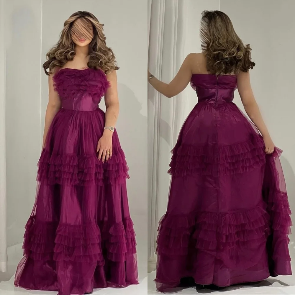 

Customized Evening Dress Net Pleat Tiered Chic Violet Strapless A-line Long Dresses Bespoke Occasion Elegant Party Prom