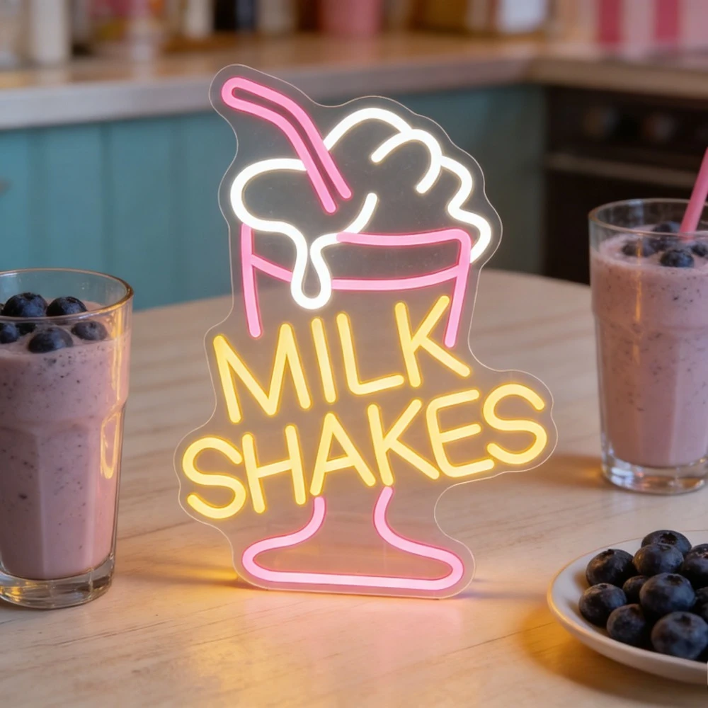 

Milk Shakes LED Neon Light Sign Pink Yellow USB Dimmable Neon Sign for Diner Cafe Bar Milkshake Shop Home Kitchen Wall Decor