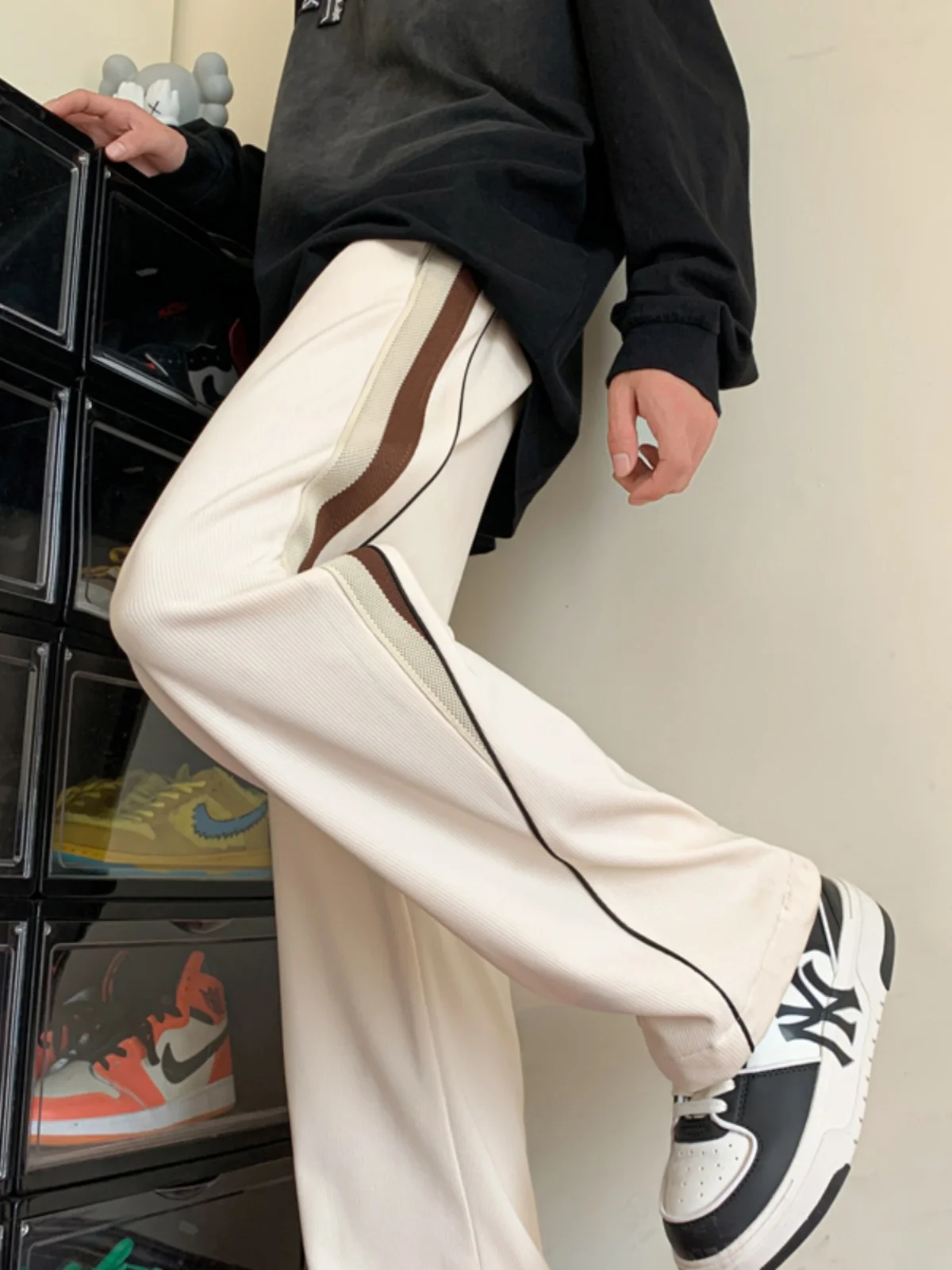 Men's Hiphop Knitted Trousers Fall Season Casual Straight Leg High Waist American Sport Sweatpants Drapey Wheat Beige