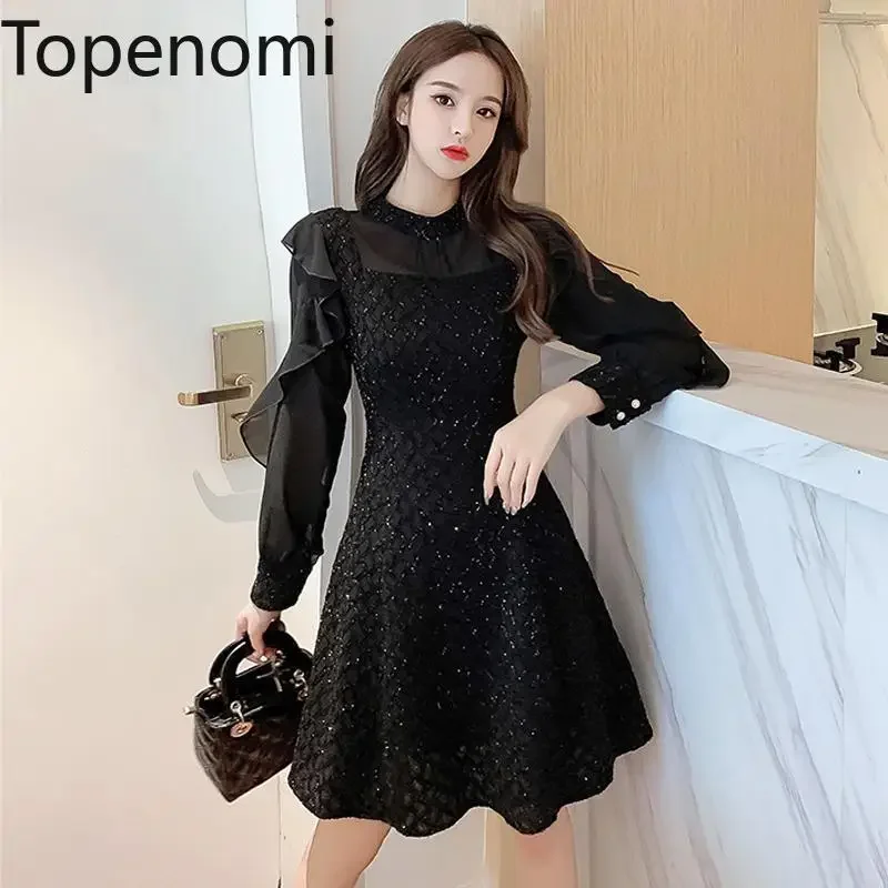 Topenomi Autumn Winter Dress Women Sequins Ruffles Mesh Long Sleeve Waist Slim A Line Party Dresess Elegant Fashion Vestidos