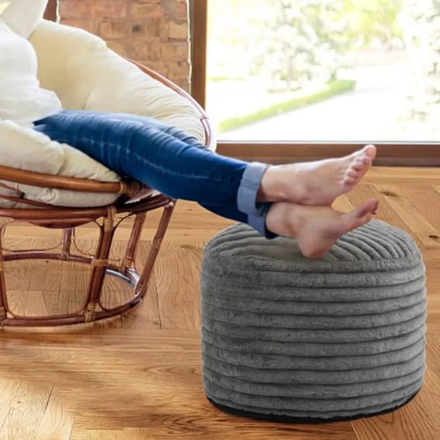 

Round Stuffed Pouf Ottoman Foot Rest for Couch Round Ottoman with Foam Chunk Filling Stripe Faux Fur Ottomans for Living Room F