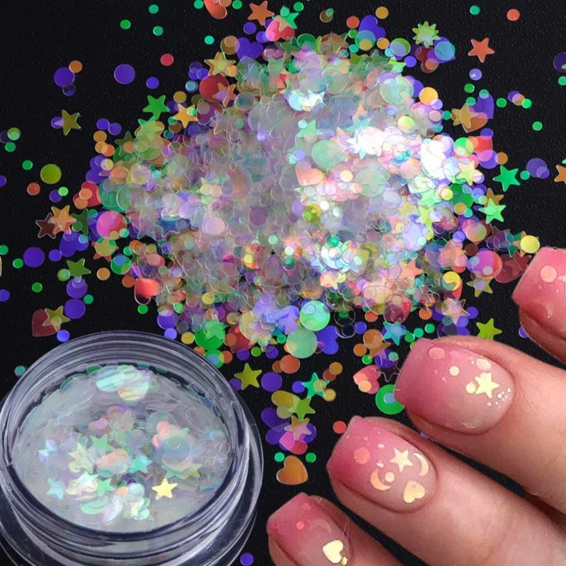 1 Pot Nagel Glitter Pailletten Poeder Gemengde Grootte Ster Maan Liefde Hart Patroon Aurora Kleur Holografische Ultra-Dunne Manicure Decor