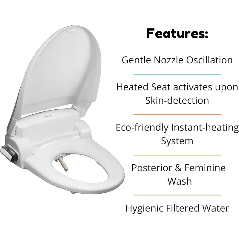 Smart Bidet Toilet Seat with Adjustable Water Pressure & Warm Water, Heated Seat & Dryer