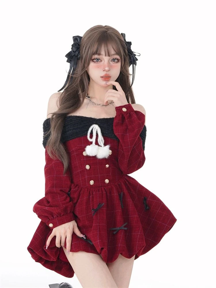 2023 Winter Christmas Red Kawaii Y2k Mini Dress Lolita Sweet Short Party Dress Elegant Korean Fashion Dress Woman Bow Design