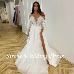 Sirena-vestido de novia de tul con escote en V profundo, traje de novia Sexy con apliques de encaje, Espalda descubierta, escote Corazón, hombros descubiertos, abertura alta, hecho a medida