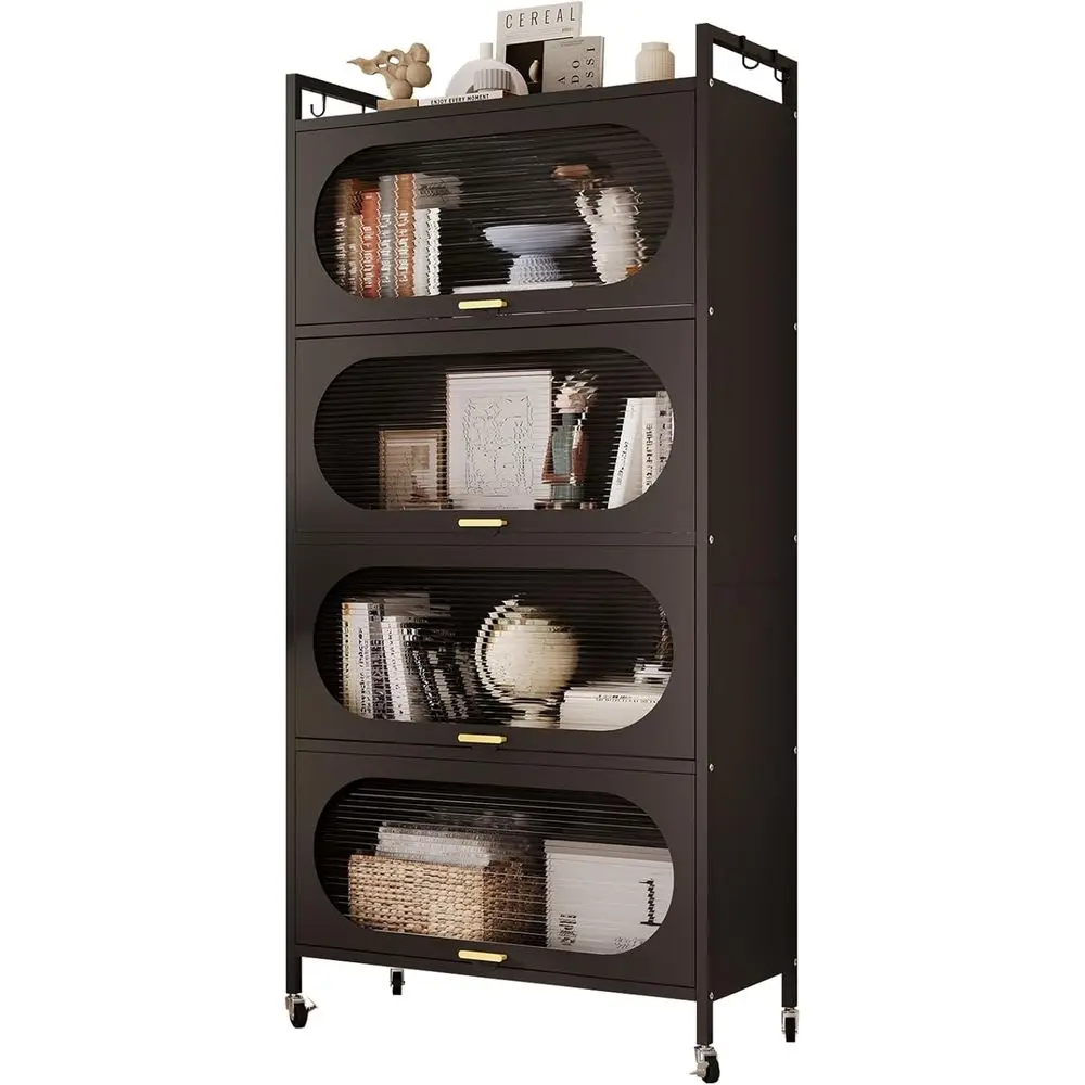 5-Tier Rolling Kitchen Storage Cabinet with Lip-Up Doors for Microwave, Bakers Rack, and Pantry (Black)