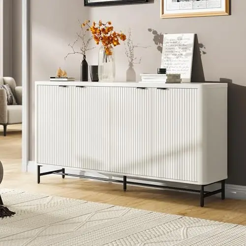 Aparador grande estriado con estantes ajustables, credenza blanca de 65' para salón o pasillo