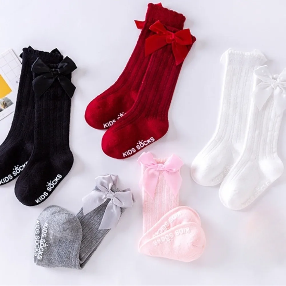 

6 Pairs Fashion Long Baby Knee Socks Soft Breathable Kids Socks Elastic Anti-slip Big Bow Hosiery Girls Wear