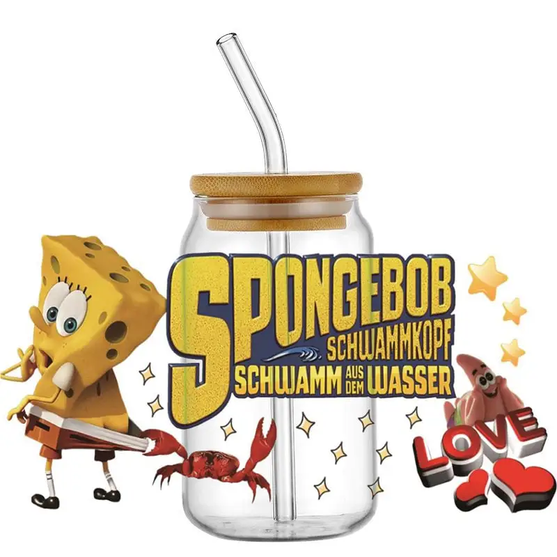 Lovely Sponge Cartoon Anime UVDTF Transfer Stickers for 16oz Libbey Can DIY Mugs Decals Easy to Peel Cup Wrap Stickers