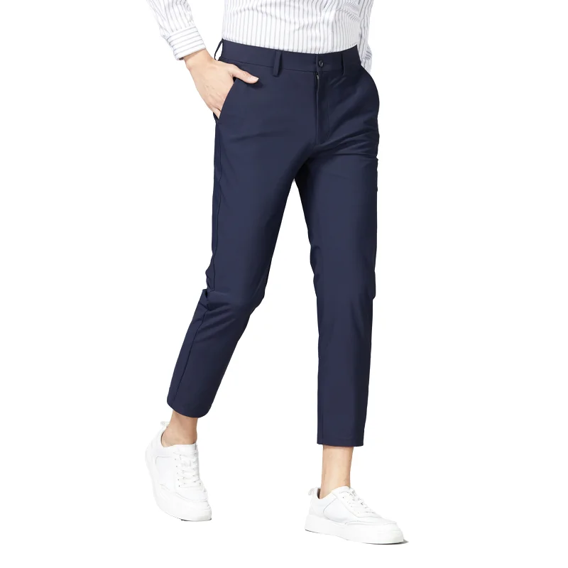 

Men's Trendy Suit Trousers - Summer Thin Style Nylon Blend High Stretch Business Ninth Pants, Office Wear & Comfortable Workwear
