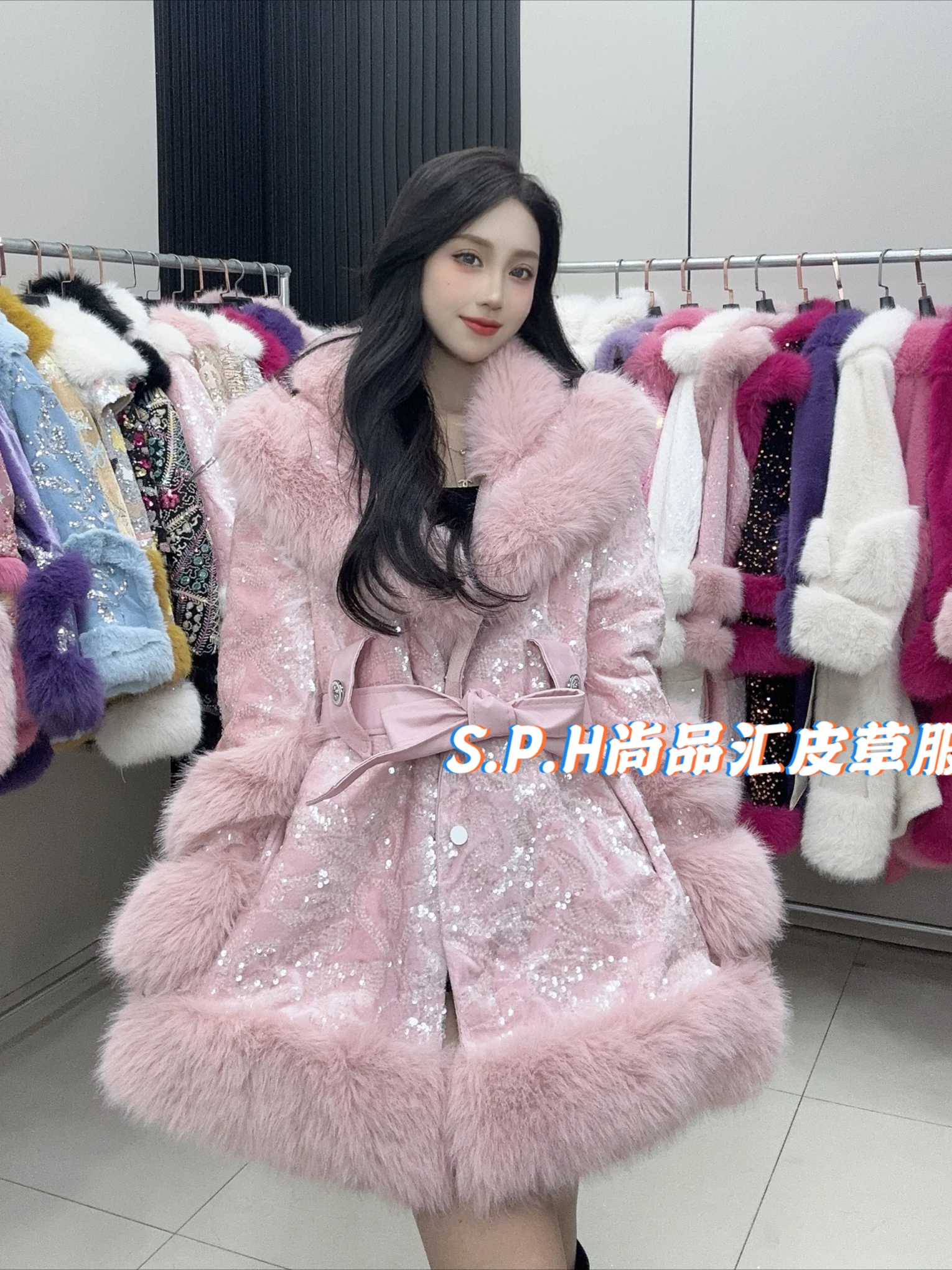 2024 Winter New Fur Coats Sweet Mid Length Sequins Decoration Young Good Figure Faux Fur Coats Women Strap Waist Fluffy Jacket