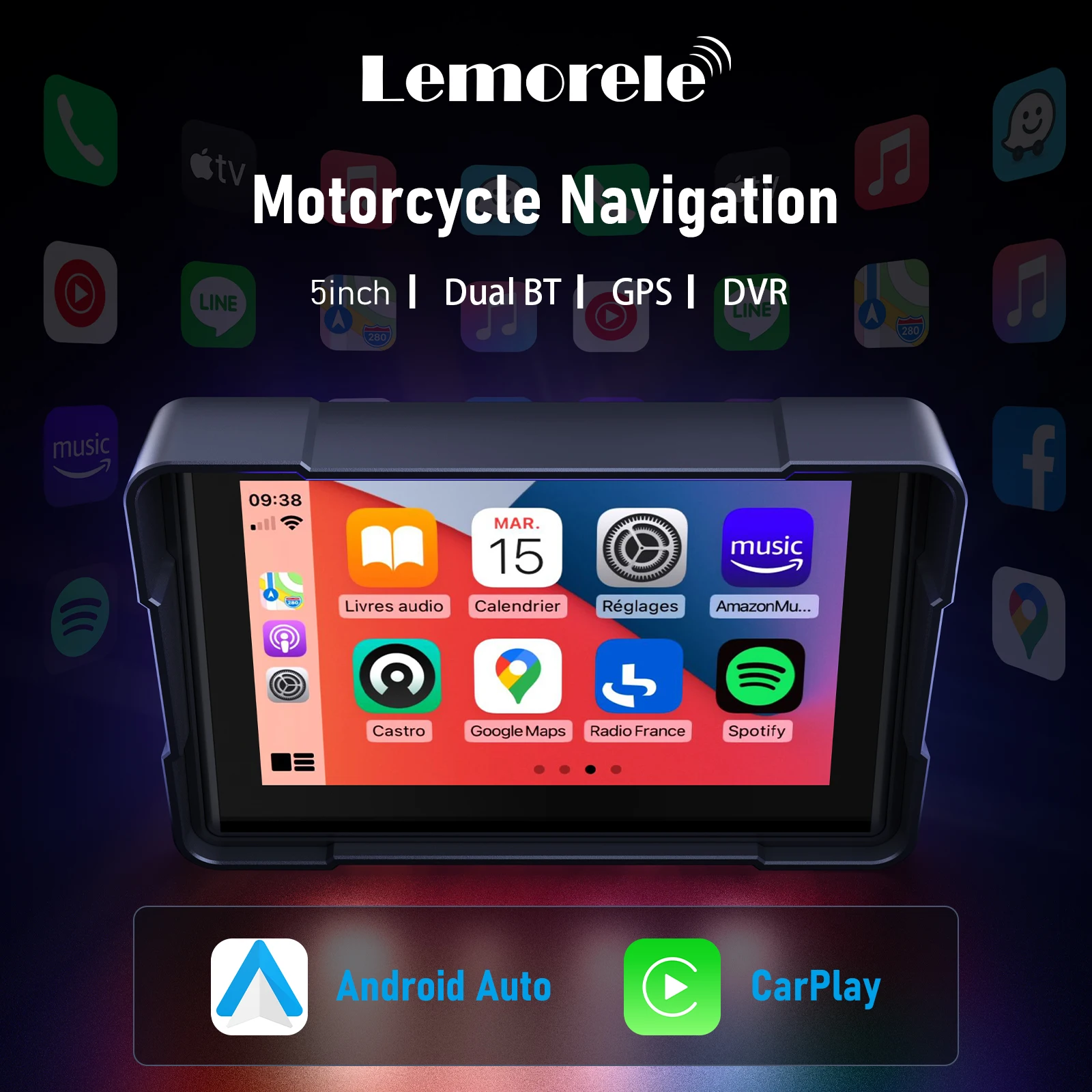 

Lemorele 5inch Navigation Motorcycle DVR Carplay Display Screen Portable Motorcycle Wireless Android Auto Monitor