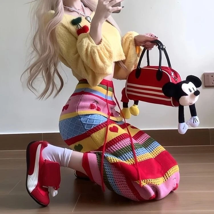 

Fashion Sexy Crop Top Long Sleeve Knitted Pullover+ Y2k High Waist Striped Lace Up Skirts 2025 Spring New Two Piece Sets