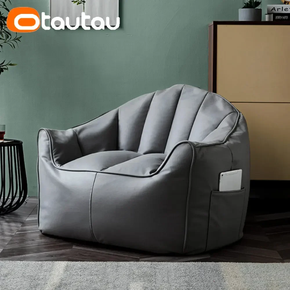 OTAUTAU Faux Leather Bean Bag Cover No Filler Beanbag Single Sofa Floor Pouf Chair Ottoman Backrest Armchair Furniture SF069