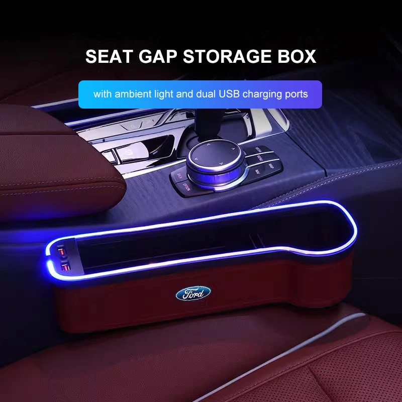 Car Seat Storage Box With Ambient Light And Cup Holder For Ford Ranger Focus Kuga Mustang S-MAX Transit Mondeo Fusion Fiest Edge