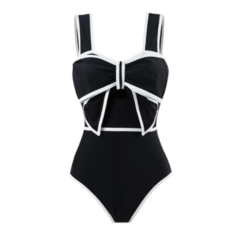 2024 Black White Bow Tie Retro One Piece Swimsuit Women Swimwear Bathing Suit Monokini Beach Bodysuit Beach Wear Bikinis Set