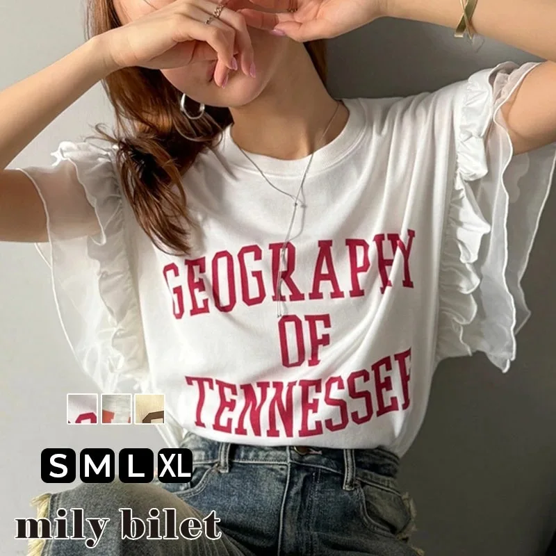 

Летняя хлопковая классическая модная универсальная футболка с буквенным принтом и коротким рукавом, круглым вырезом и рукавами-лепестками, топ