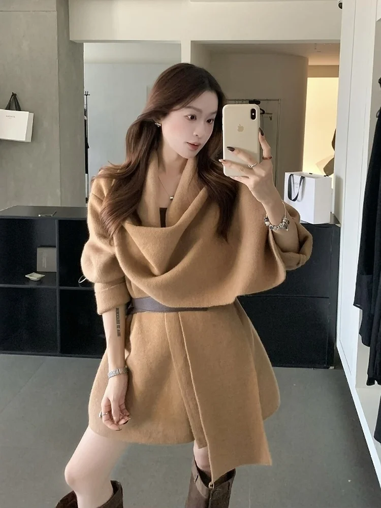 Korean Sle Lazy Knitted Cardigan Coat with Scarf Ne Aosphere Sense Belted ort Outerwear Commute Sle Polyester Fiber
