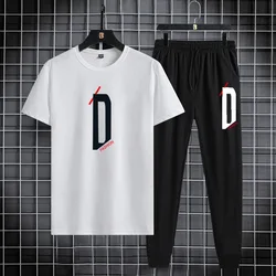 Summer sports and leisure set short sleeved T-shirt 2023 trendy Korean slim fit sports pants thin two-piece set