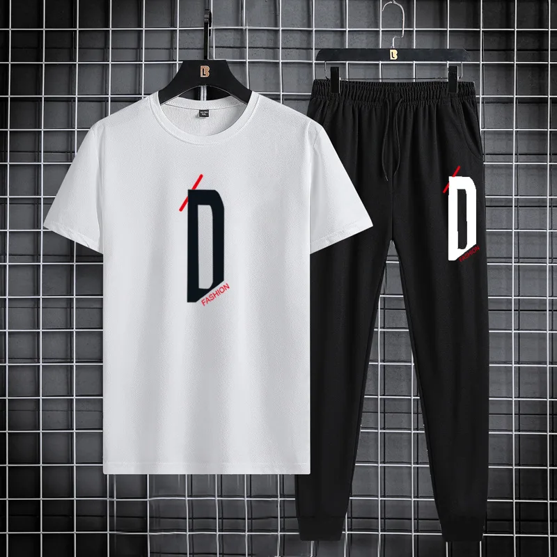 Letni zestaw sportowy i rekreacyjny T-shirt z krótkim rękawem 2023 modnych koreański, slim dopasowanych spodni sportowych cienki dwuczęściowy zestaw