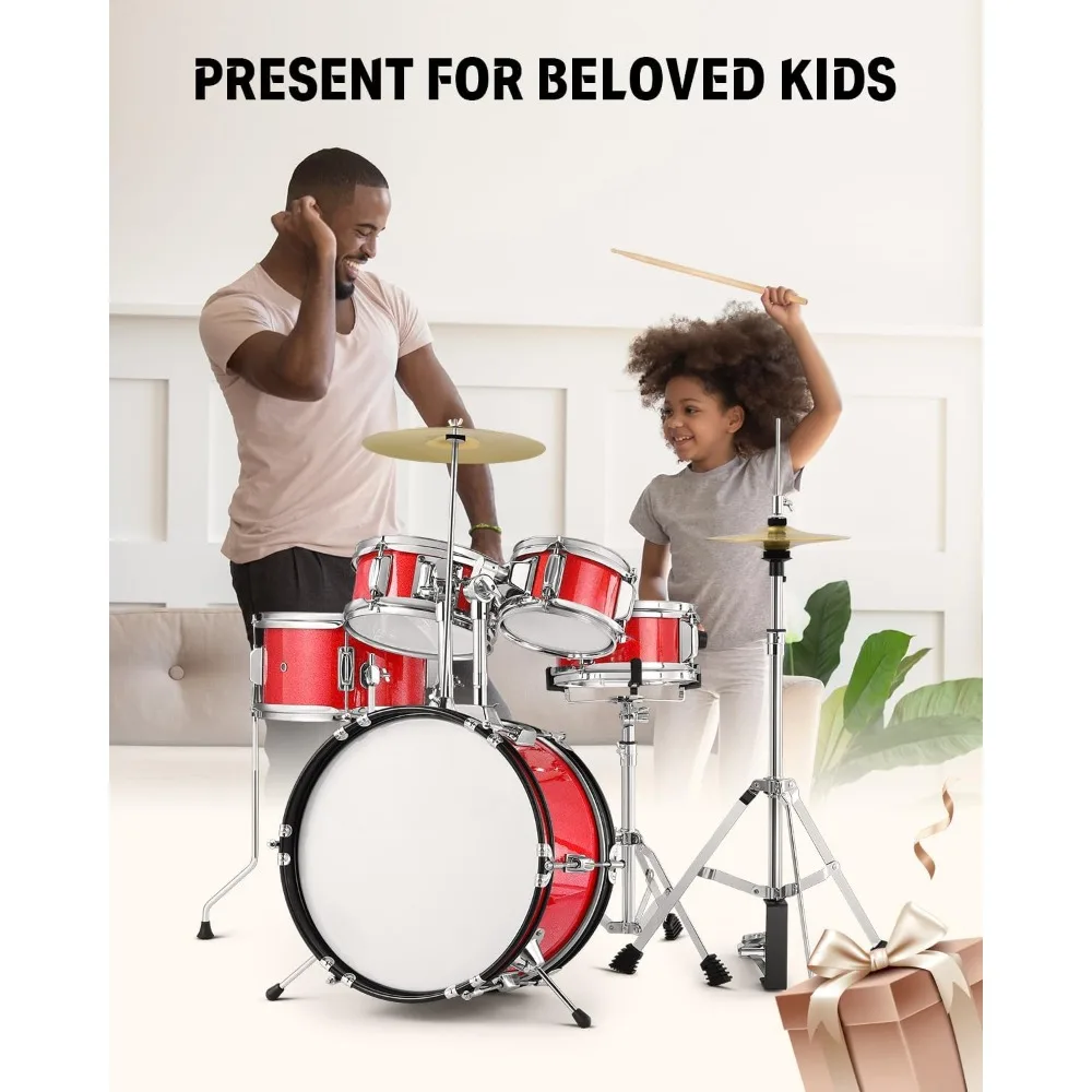 Children's Drum, Suitable for Beginners, 14 Inch Teenagers, with Adjustable Throne, Cymbal, Hat, Foot Pedal, and Red Drum Kit