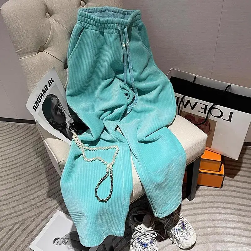 Lake Blue Thickened Wide Leg Pants Women\'s Loose Autumn Winter High Waist Warm Casual Sweatpants Trendy Korean Style Commute