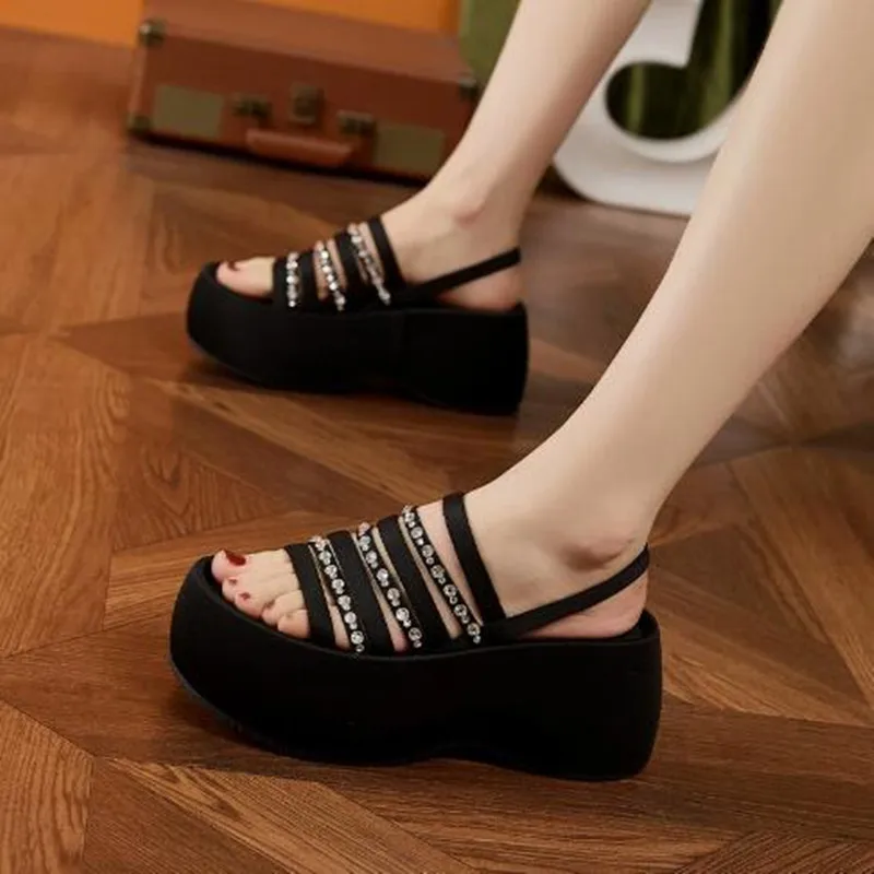 

Новые женские летние модные сандалии-слипоны из микрофибры с блестками, на массивной подошве, 8 см, 2026