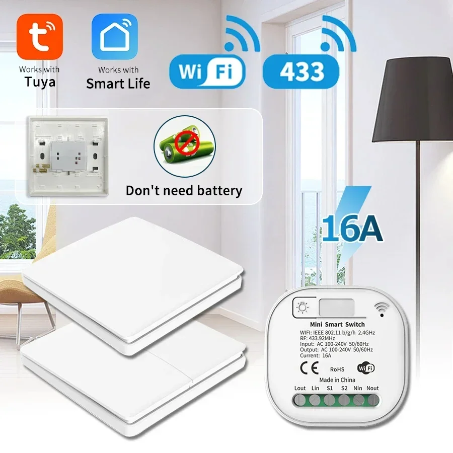 

WiFi Smart Self Powered Wireless Wall Switch Tuya No Remote Control Light Switch Requires Battery433Mhz for Alexa Google Home